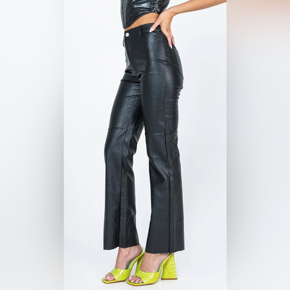 Princess Polly Black Faux Leather Pants High Waisted Straight Leg Raw Hem size 2 - Picture 12 of 12